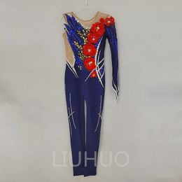 LIUHUO Customise Rhythmic Gymnastics Jumpsuits Girls Women Navy Blue Crystals Stretchy Catsuits Competition Costumes Crystals Spandex