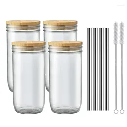 Wine Glasses Glass Cups Set - 24Oz Jar Drinking W Bamboo Lids & Straws 2 Airtight Cute Reusable Boba Bottle