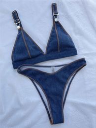 Sexy Denim Blue Brazilian High Cut Bikini Female Swimsuit Women Swimwear Two-pieces Bikini set Bather Bathing Suit Swim K4498 240113