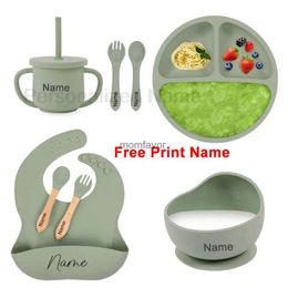 New Cups Dishes Utensils 8Pcs Baby Silicone Feeding Set Round Dining Plate Sucker Bowl Dishes For Kids Personalised Name Children's Tableware Straw Cup