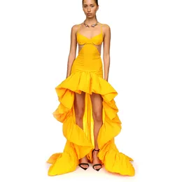 Casual Dresses 2024 Ruffled Taffeta High Low Formal Dress Gold Yellow Spaghetti Straps Prom Party Event Gala Occasion Cutout
