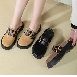 Slippers Women's Fashion High Heels Female Half Shoes Genuine Leather For Women Spring Autumn Rubber Sole Slipper