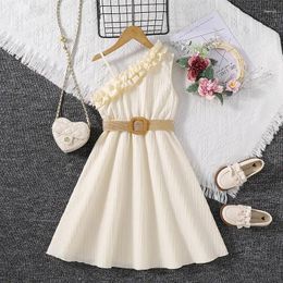 Girl Dresses Kids Baby Girls Summer Dress Elegant Sleeveless Ruffle Trim One-Shoulder Tank With Belt Birthday Party A-Line Sundress