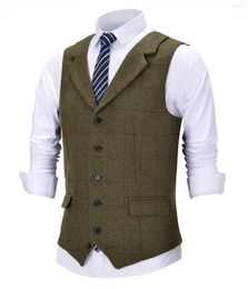 Men's Vests Army Green Tweed Vest Formal Notch Lapel Plaid Waistcoat Groomsmen Suits For Wedding XS-5XL