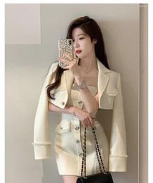 Work Dresses 2024 Autumn Korean Fashion Sets For Women 2 Pieces Short Jacket Coat And High Waist Slim Derss Long Sleeve One Piece Dress Set