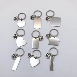 100% Stainless Steel Blank Paw Print House Heart Rectangle Dog Tag Charm Keychain Key Ring For Engrave Mirror Polished 10pcs 240112