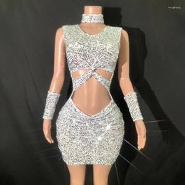 Stage Wear Sexy Silver Cutout Party Dress Women Evening Prom Dresses Birthday Celebrate Costume Performance Festival Outfit XS6677