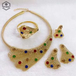 Dubai Gold Plated Jewellery Sets Luxury Colourful Artificial Stone Scallop Necklace Bracelet Earring Party Gifts 240112