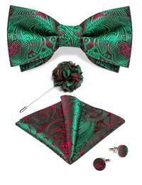 Bow Ties Brand Green Red Unique Pre-tied Bowtie For Man Party Luxury Men's Tie Pocket Square Cufflink Brooch Flowers Set Wedding