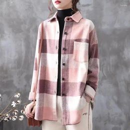 Women's Blouses Autumn And Winter High Quality Art Lazy Style Temperament Thickened Brushed Plaid Shirt Wool Coat