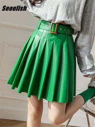 Seoulish Green Faux PU Leather Pleated Womens Skirts with Belted High Waist Sexy Mini Female Autumn Winter 240112