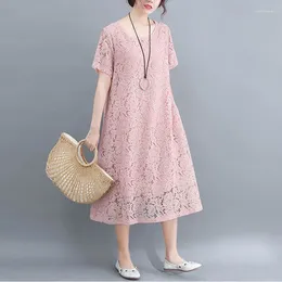 Party Dresses Vintage Lace Hollow Out Spliced Midi Dress Summer Stylish A-Line Solid Colour Korean Female Clothing O-Neck Short Sleeve