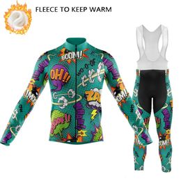 Winter Thermal Fleece Cycling Clothes Funny Cartoon Comics Men's Long Sleeve Jersey Set Mountain Bike Sportwears 240112