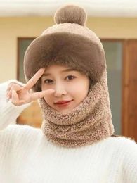 Berets Hat Women's Autumn And Winter Neck Integrated Ear Protection Windproof With Plush Thickened Riding Warm Headband