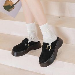Slippers Genuine Leather For Women Spring Autumn Half Shoes Fashion Buckle Female High Heels Rubber Sole