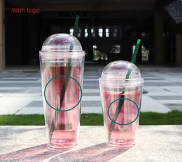 flat lid 710ml 24oz clear plastic double wall tumbler cup with straw with black green lid coffee mugs 240113