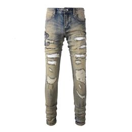 Arrivals Steetwear Style Skinny Stretch Holes Bandana Patch Embroidered Snake Slim Fit High Street Distressed Ripped Jeans 240112