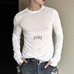 Men's T-Shirts 2023 Men T Shirts Solid Colour Transparent O-ne Long Sleeve Streetwear Men Cloing Fitness Korean Casual Male Tee Topsyolq
