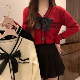 Autumn Fashion Small Fragrance Top Design Sense A Crowd Bow Tie up Sweater Coat Womens Cardigan 240112