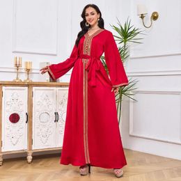 Ethnic Clothing Fashion Chic Turkish Abaya Basic Solid Long Dress Tape Trim Sashes Muslim Casual Elegant Women Evening