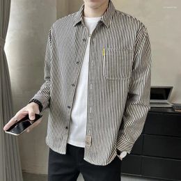 Men's Casual Shirts Shirt Male Vertical Stripes Korean Style Spring Overshirt Fashion Lapel Long Sleeve Loose Large Size Top 2024