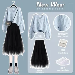 Work Dresses Preppy Style Sweet Wind Suit Female Student Korean Cross Sweater Skirt Two Piece Sets Korea All Season