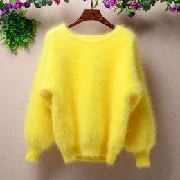 Elegant Fashion Fluffy short women winter 100 long mink cashmere angora fur warm lantern batwing sleeves Pullover sweater 240112