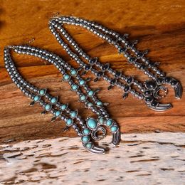 Pendant Necklaces Womens Vintage Alloy Necklace Charms Turquoise Ox Horn Jewelry (Blue)