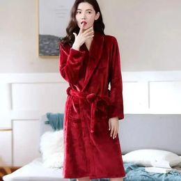 Thick Coral Fleece Nightgown Sleepwear Soft Flannel Robe Home Women Men Kimono Bathrobe Gown Nightdress Autumn Winter Warm 240113