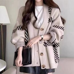 HELIAR Women Winter Stripes Knitted Cardigan Sweater Coat Loose Warm Buttons Up Casual Office Autumn 240112