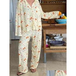 Women'S Sleepwear Womens Sleepwear 2 Piece Printed Pyjama Set For Women Cute Stberry Floral Fruit Pattern Shirt Pants Button Up Outfi Otbb3