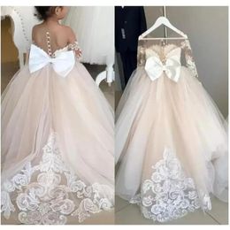 Dresses Fast delivery 214 Years Lace Tulle Flower Girl Dresses Bows Children's First Communion Dress Princess Ball Gown Wedding Party Dre