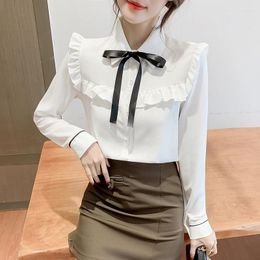 Women's Blouses Women Blouse Korean Fashion Ruffle Edge White Shirt Spliced Bow Tie Womens Tops Long Sleeved Chiffon For