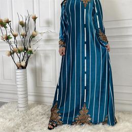 Ethnic Clothing Muslim Women Printed Long Dress Stripes Velvet Autumn Winter Abaya Sleeve Arab Ramadan Islamic Fashion Middle East