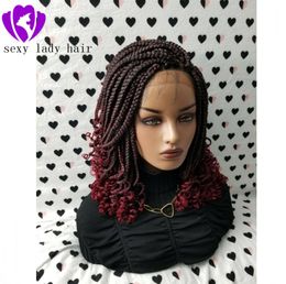 Handmade 14inch Box Braid Braided Lace Front Wig With Curly Ends Colour 1bBurgundy Red Ombre Colour short braiding hair wigs for bl8909620