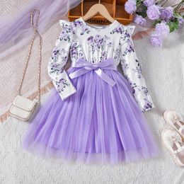 Girl Dresses Children Tulle Princess Dress Kids Girls Spring Long Sleeve Floral Print Bowknot Party Gown Wedding Pageant Clothes 1-6Y