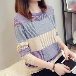 Women's Sweaters Pullover Spring And Autumn Korean Edition Colored Loose Striped Long Sleeve Underlay T-shirt Hollow Out Thin Cover Tops