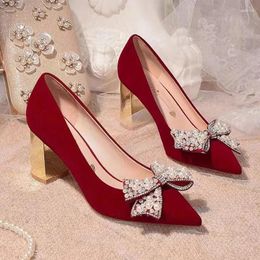 Dress Shoes Pointed Toe Bow High Heels Women Fashion Wedding Pearl Sandals 2024 Spring Trend Designer Party Female