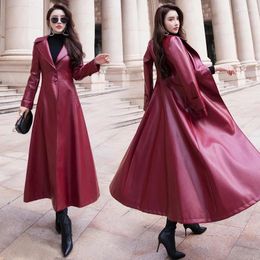 Women's Leather Fashion Winter Trench Coat Genuine Lambskin Overcoat Long Jacket Super Length 2024