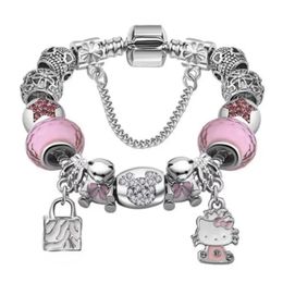 Bracelets 925 Sterling Silver Charm Bead fit European Charm Bracelets & Bangle for Women Heart Pink kitty Cat Bear Handbag DangleCharm Beads