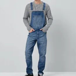 Men's Jeans Soft Breathable Men Denim Jumpsuit Suspender Long Pants Non-Fading Solid Color Multi-pocket Bib Overalls For