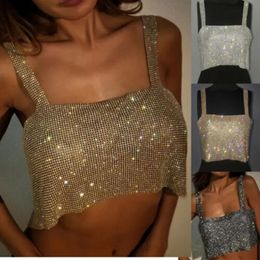 Camis 2020 Brand New Style Sexy Women Club Party Sparkly Crystal Rhinestone Metal Chainmail Halter Draped Bra Crop Top