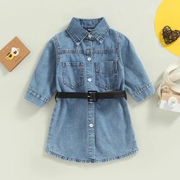 Girl Dresses Toddler Baby Lapel Buttons Spring Summer Long Sleeve Casual Denim Dress Waist Belt Children Fashion Outfits