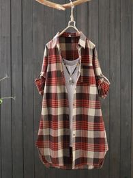 Plus Size Cotton Linen Medium Long Plaid Women Autumn Shirt Vintage Casual Female Shirts Coat Loose Blouse Winter Clothes 240112