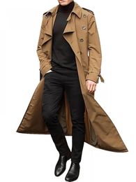 British Style Long Trench Coat Men Autumn Double Breasted Lapel with Belt Male Streetwear Business Casual Loose Overcoat 240112