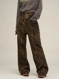 HOUZHOU Tan Leopard Jeans Women Denim Pants Female Oversize Wide Leg Trousers Streetwear Hip Hop Vintage Clothes Loose Casual 240112