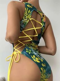 Wear Lace Up Back Swimsuit 2023 One Piece Printed Swimwear Women Sexy Backless Bathing Swimming Suit Female Padded Beachwear Bodysuit