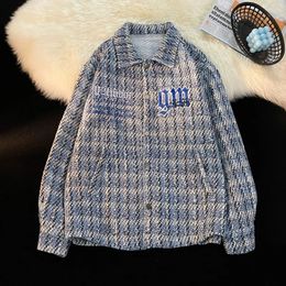 American Retro Plaid Jacket Korean Trend Couple Jackets Embroidery Design Unisex Outerwear Loose Plus Size Men's Coat 240113