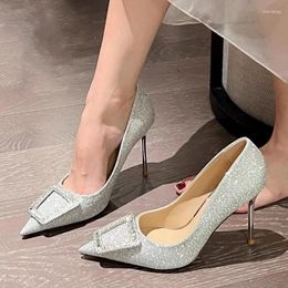 Dress Shoes Spring/Summer Pointed Shallow Mouth Rhinestone Sequins Wedding Thin High Heels Banquet Small Size Women's