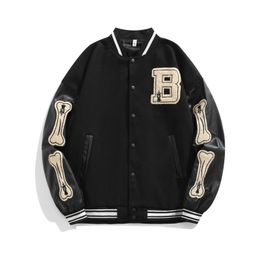 Varsity Baseball Bomber Jacket Women HipHop Haraiuku Bone Letter Patchwork Leather Jackets Streetwear Men Unisex College Coats 240112